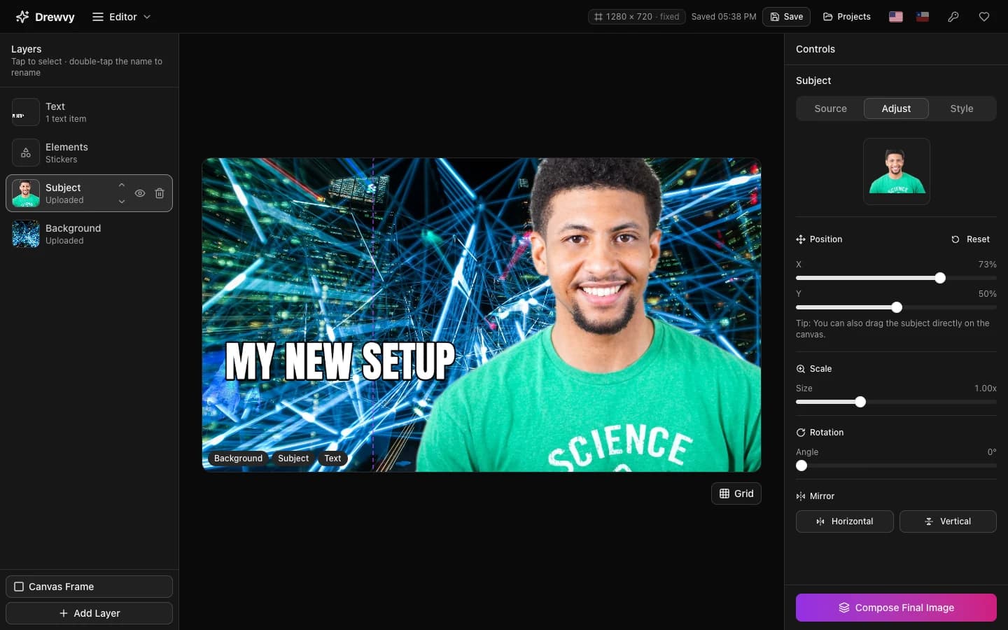 A screenshot of the Drewvy editor: a layer list on the left with Text, Elements, Subject and Background, a 1280 by 720 canvas in the middle showing a cut-out person on a neon background under the headline MY NEW SETUP, and the subject's position and scale controls on the right.