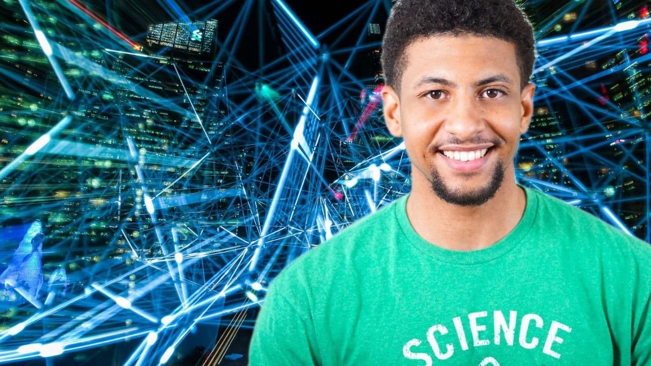 Stage two: a man in a green shirt, cut out, composed on the right of the same neon background.