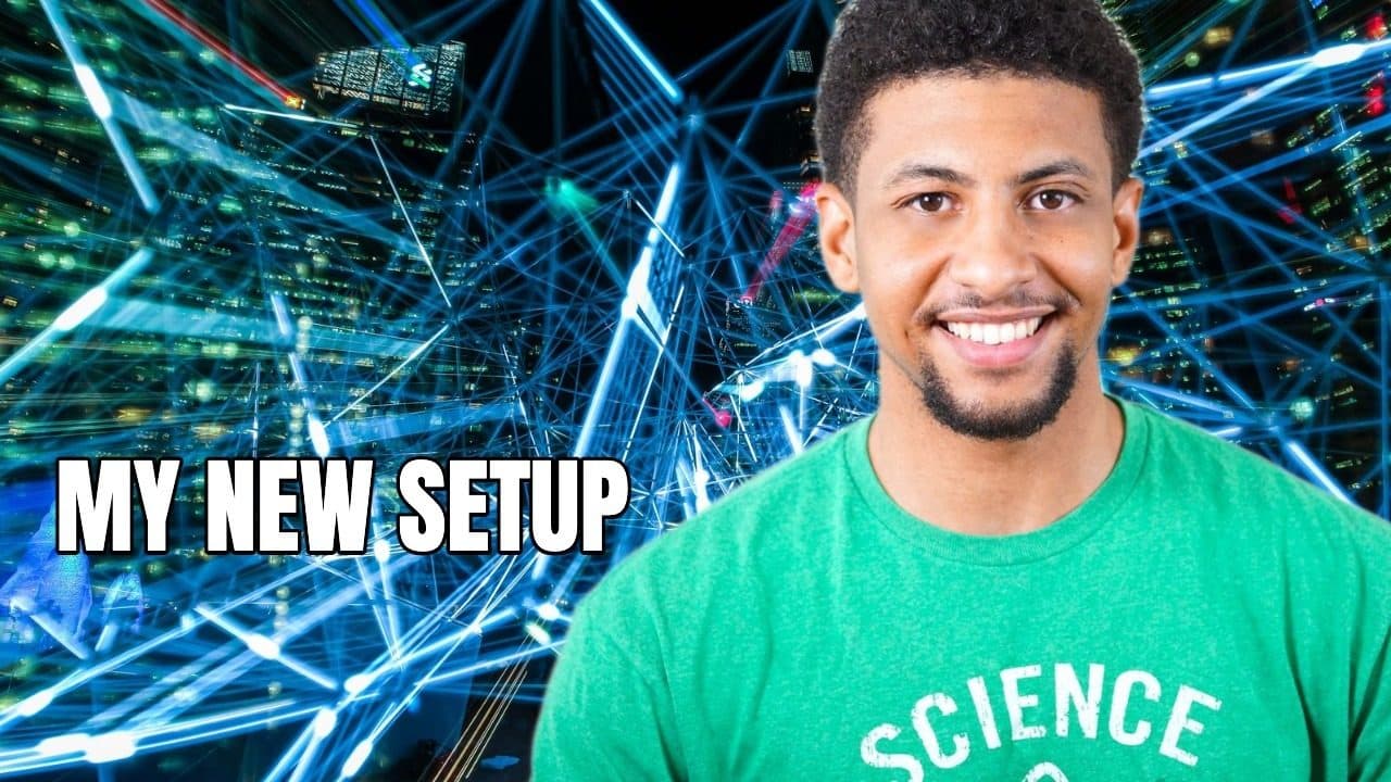 Thumbnail: a smiling man in a green shirt cut out over a blue neon light background, with the headline MY NEW SETUP in white block letters.