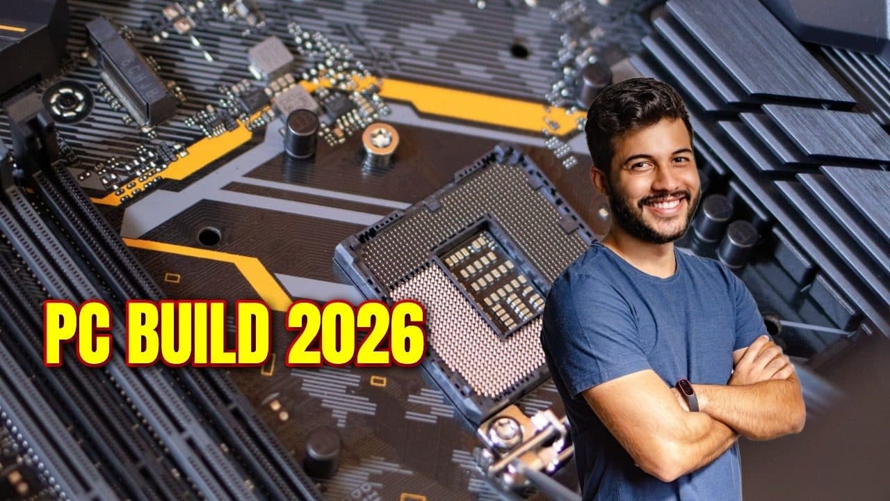 Thumbnail: a man with folded arms cut out over a close-up of a computer motherboard, with the headline PC BUILD 2026 in yellow block letters.